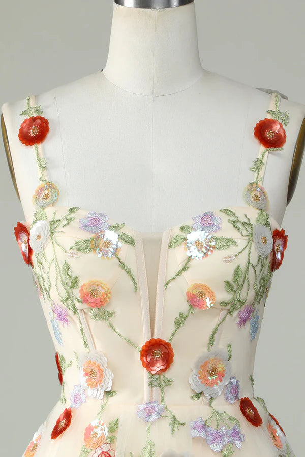 A Line Tulle Sparkly Homecoming Dress With Sequin Flowers