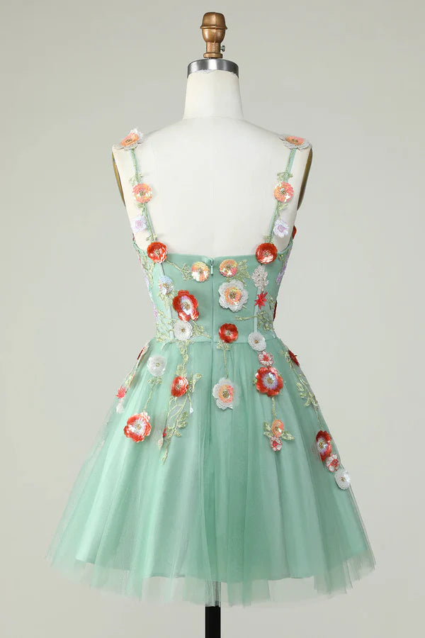 A Line Tulle Sparkly Homecoming Dress With Sequin Flowers