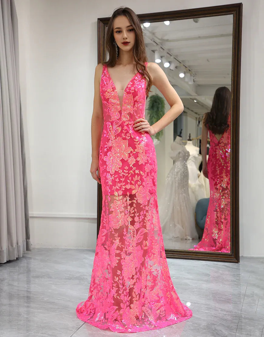 Mermaid Fuchsia Low V Neck Sequins Long Prom Dress