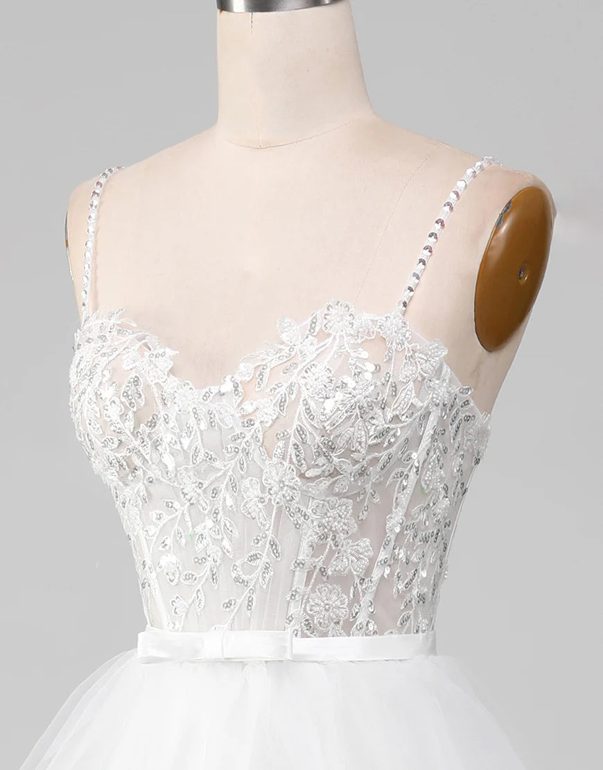 A-Line Lace Glitter White Long Prom Dress with Slit