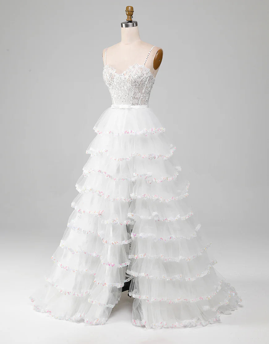 A-Line Lace Glitter White Long Prom Dress with Slit