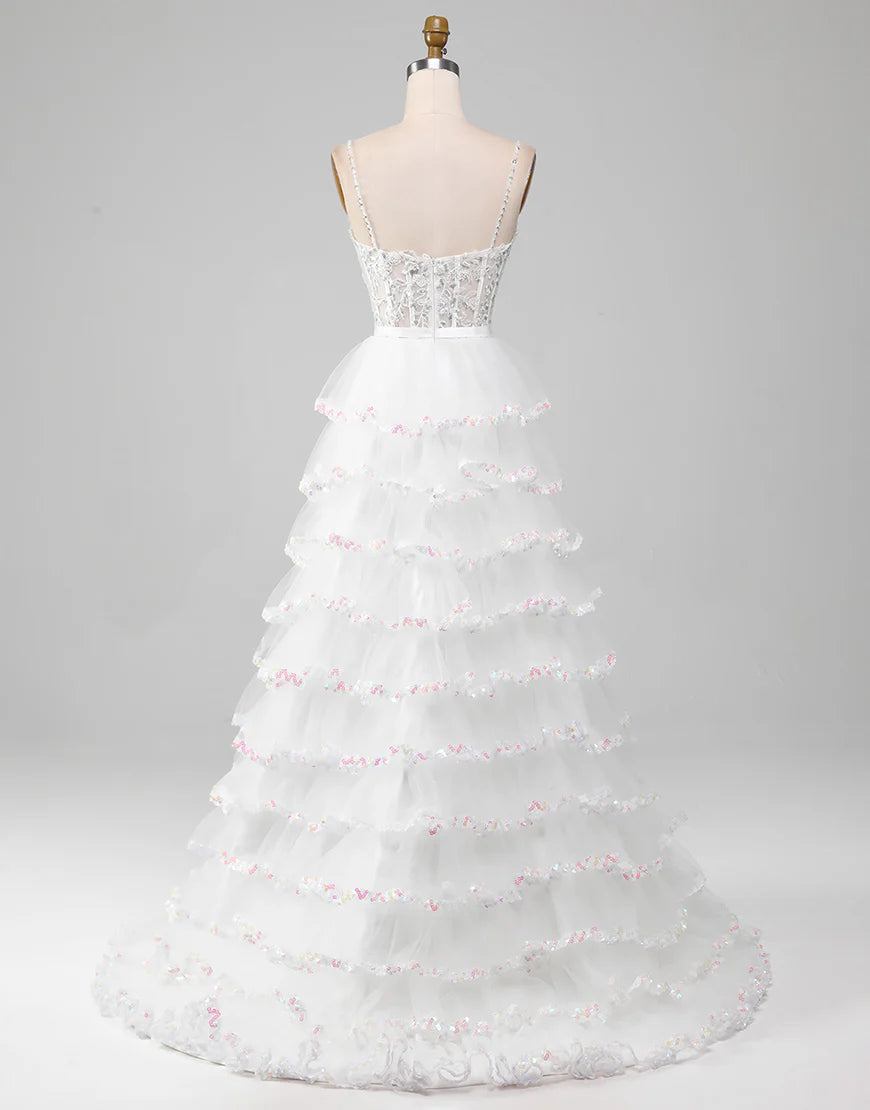 A-Line Lace Glitter White Long Prom Dress with Slit