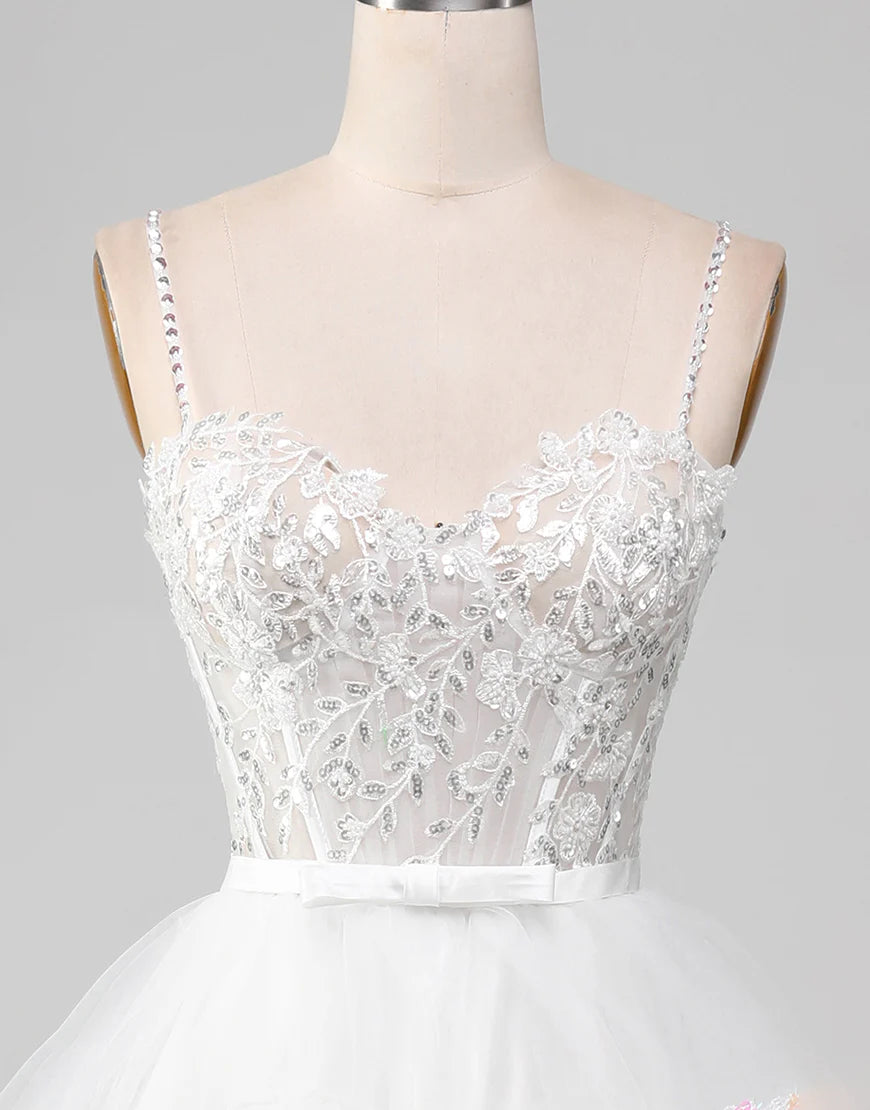 A-Line Lace Glitter White Long Prom Dress with Slit