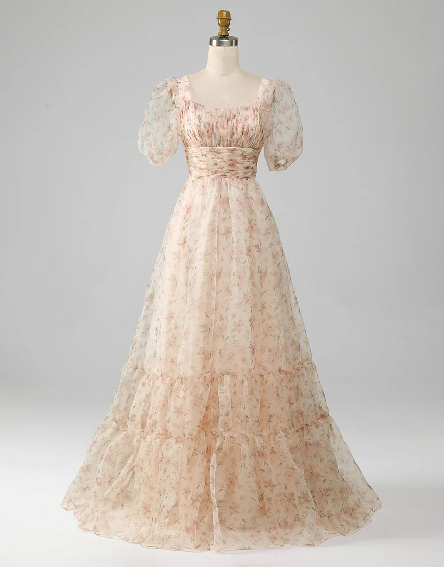 A-Line Long Wrinkles Tiered Print Prom Dress