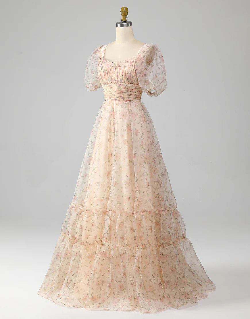 A-Line Long Wrinkles Tiered Print Prom Dress