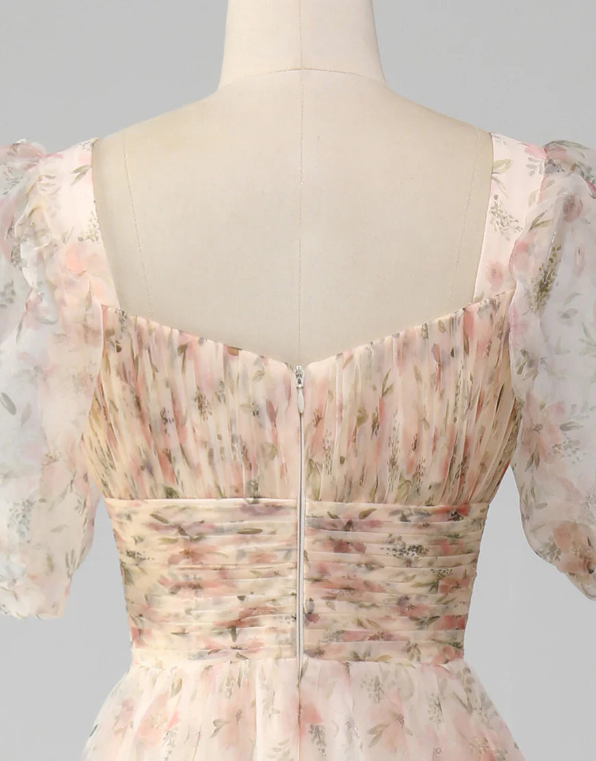 A-Line Long Wrinkles Tiered Print Prom Dress