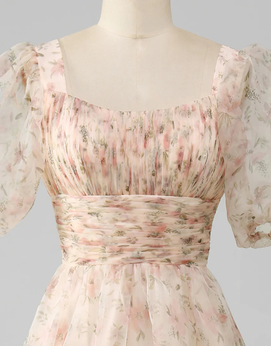 A-Line Long Wrinkles Tiered Print Prom Dress