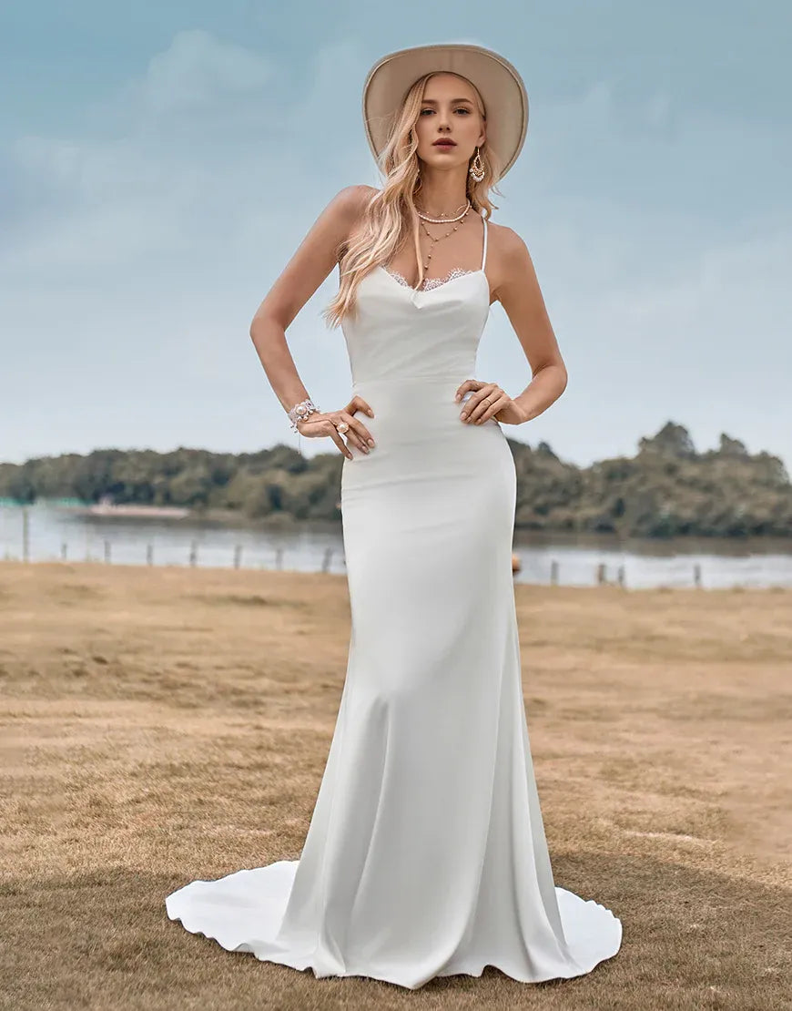 Backless Simple Spaghetti Straps White Bridal Dress