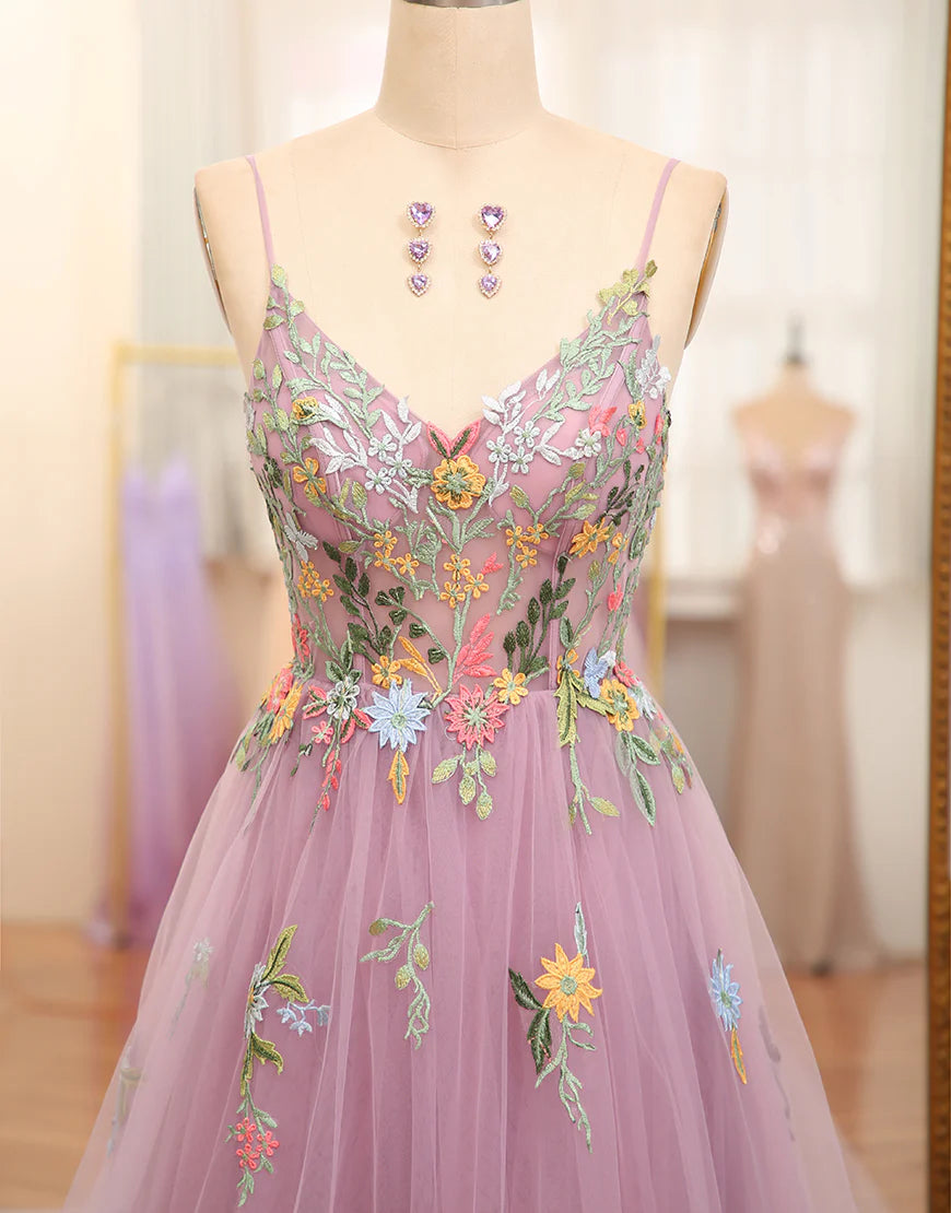 A Line Spaghetti Straps Tulle Beading Long Prom Dress With Appliques