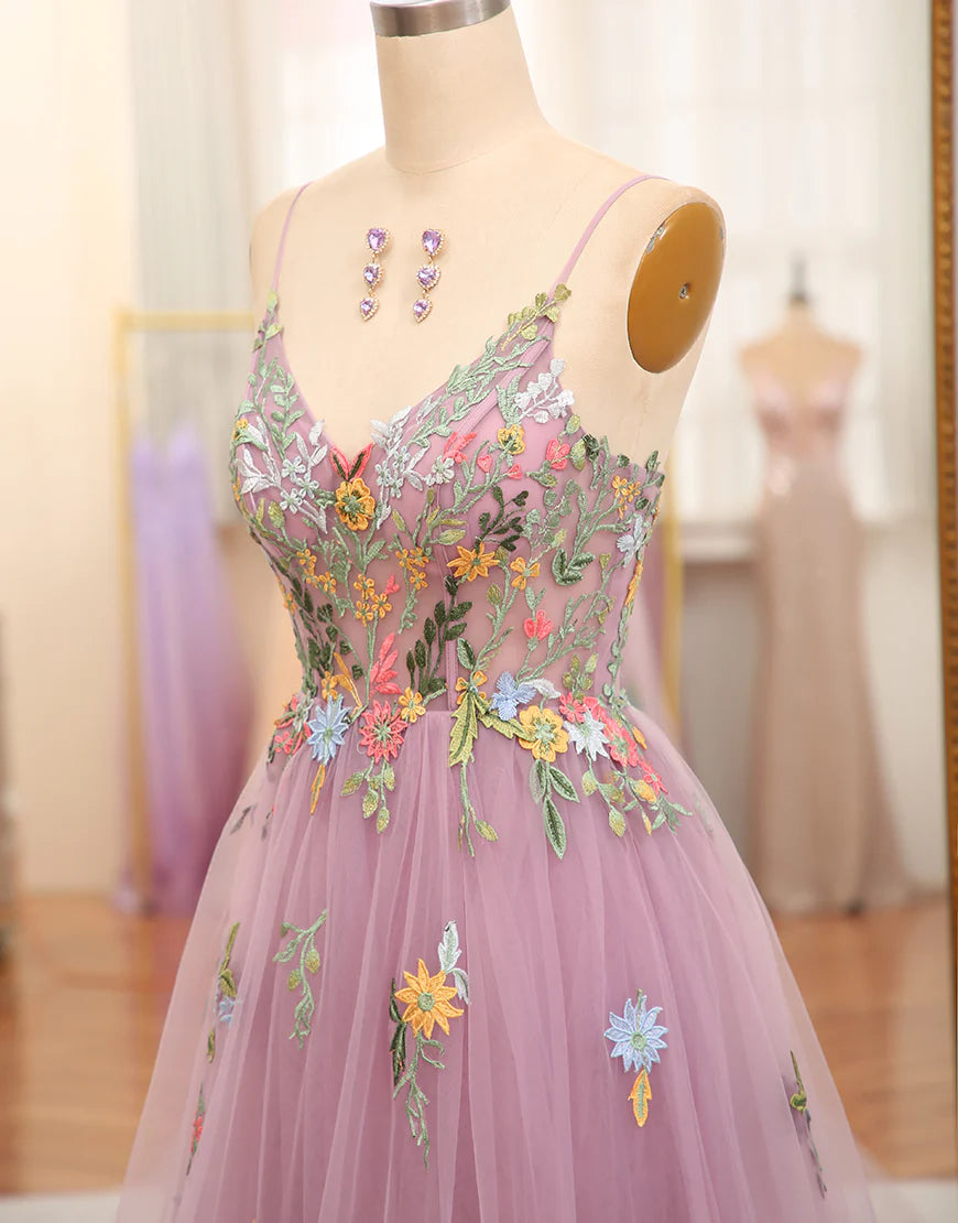 A Line Spaghetti Straps Tulle Beading Long Prom Dress With Appliques