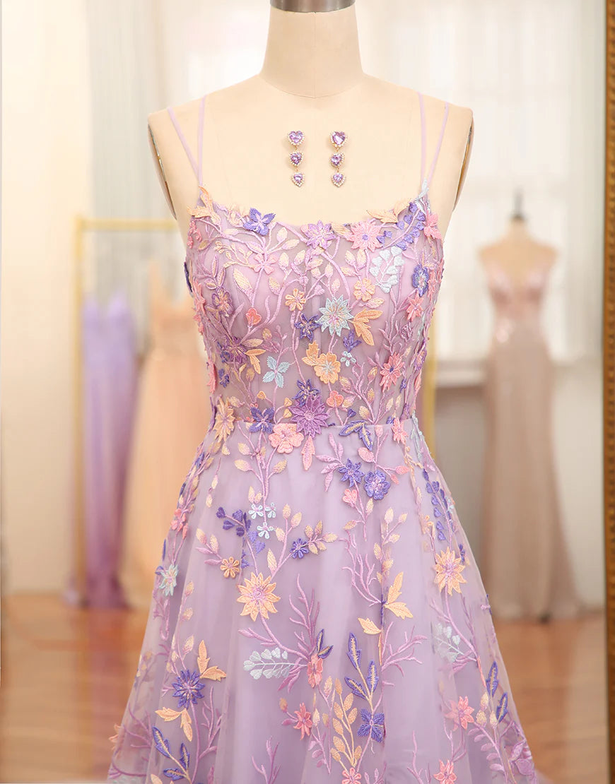 A Line Slit Spaghetti Straps Long Prom Dress With  Appliques