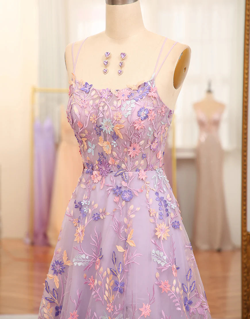 A Line Slit Spaghetti Straps Long Prom Dress With  Appliques