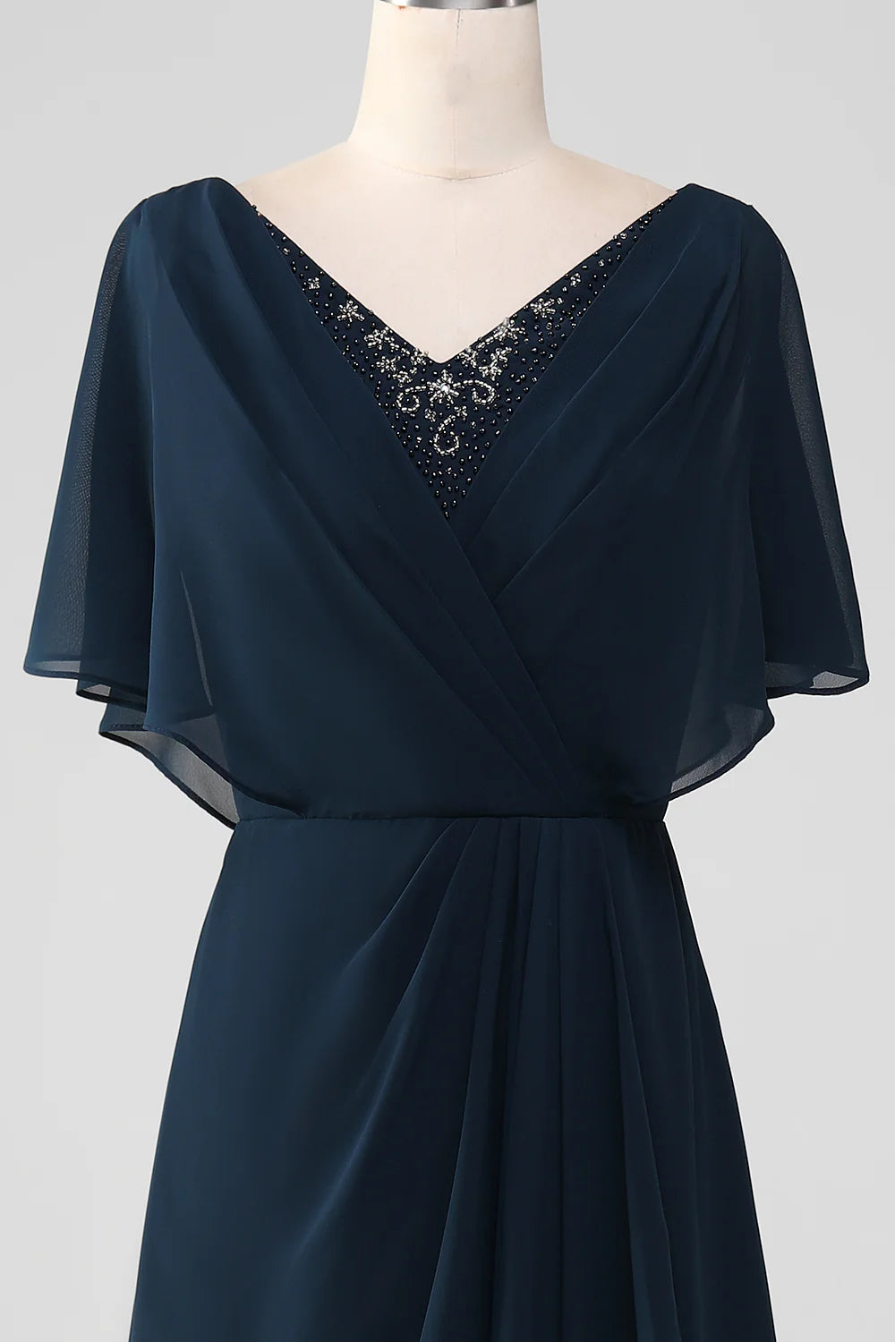 A-Line V-Neck Short Sleeve Asymmetrical other of the Bride Dress With Beading