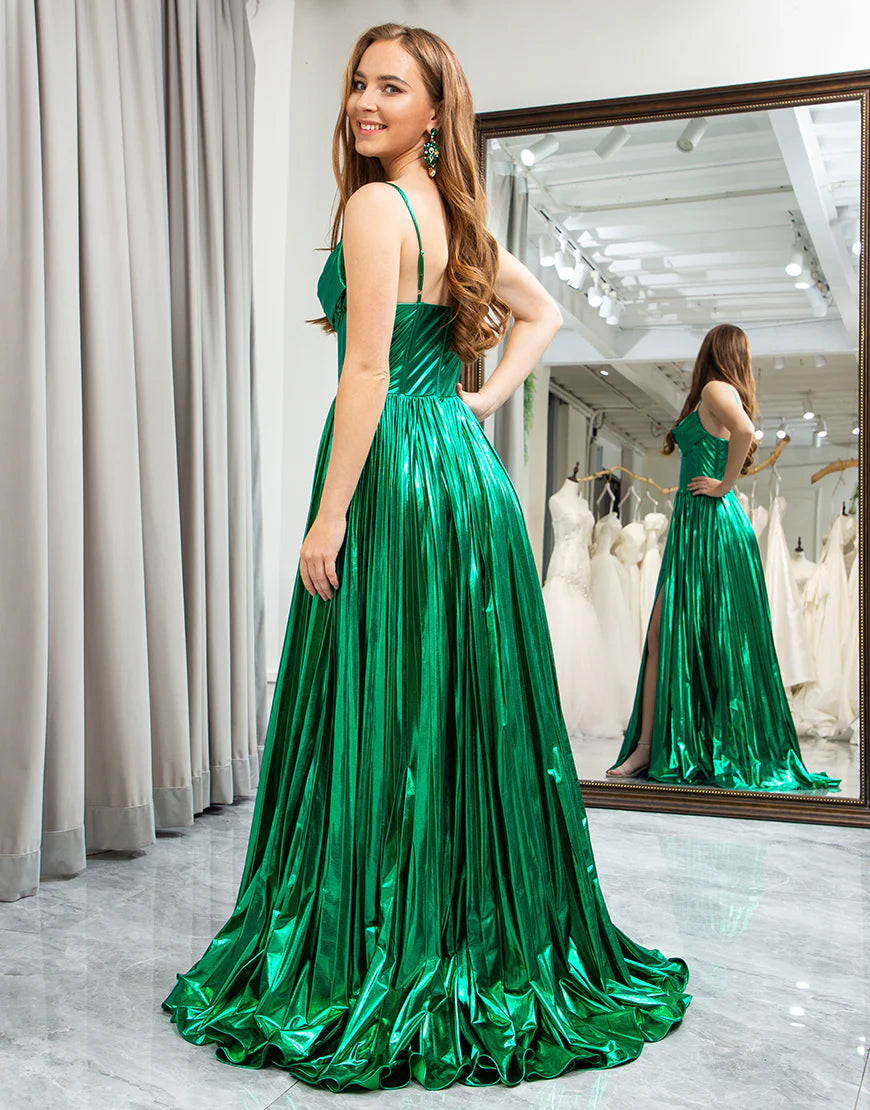 A-Line Sparkly Dark Green Spaghetti Straps Pleated Prom Dress With Slit