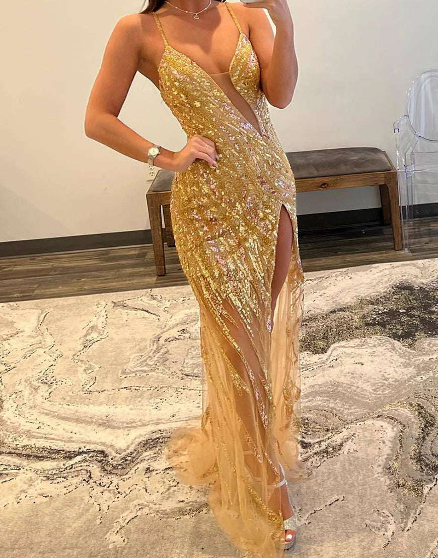 Sheath Spaghetti Straps Backless Long Sequins Prom Dress with Slit