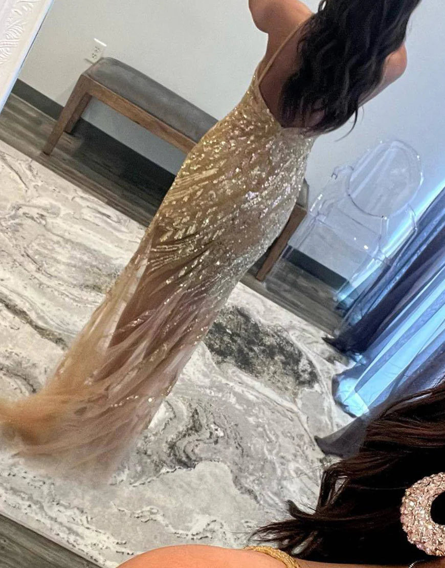 Sheath Spaghetti Straps Backless Long Sequins Prom Dress with Slit