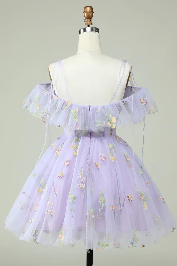 Lavender Off The Shoulder Embroidery Homecoming Dress With Ruffles