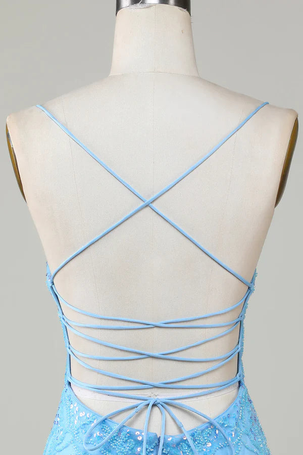 Spaghetti Straps Sparkly Beaded Tight Short Homecoming Dress