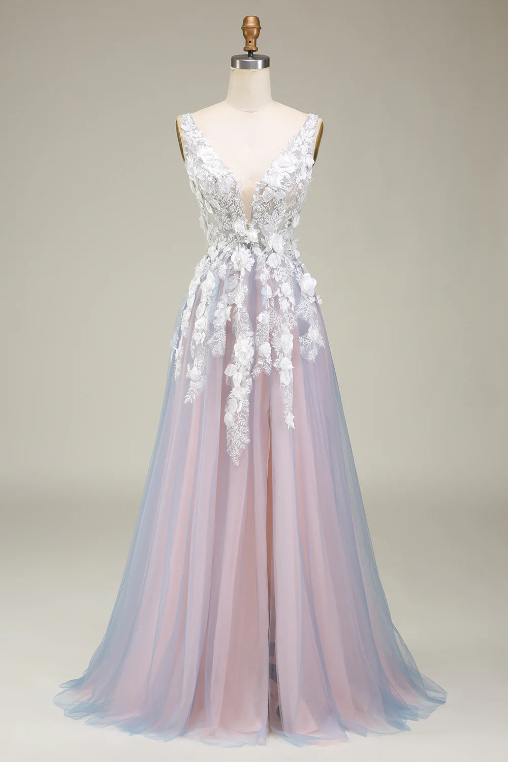 A Line Deep V Neck Grey Pink Long Prom Dress with 3D Flora Appliques