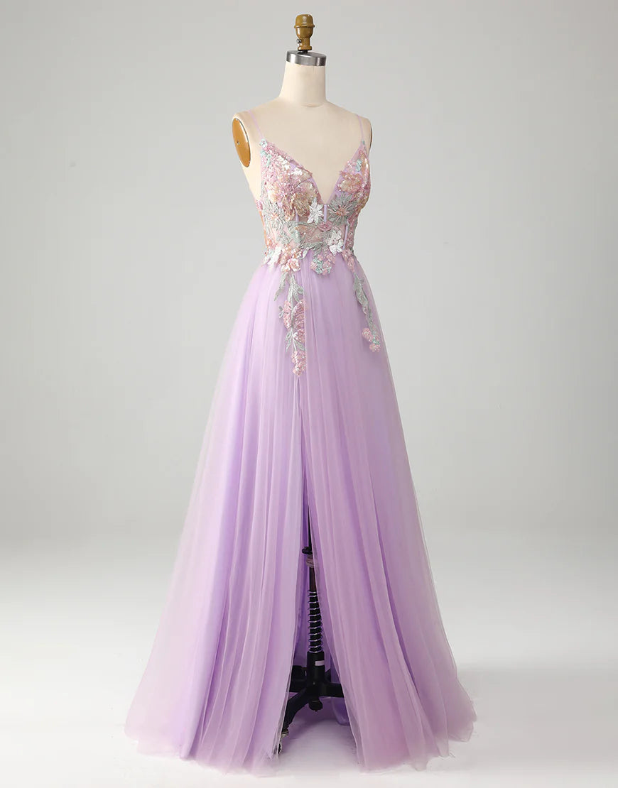 A-Line V-Neck Long Prom Dress With Sequins Applique