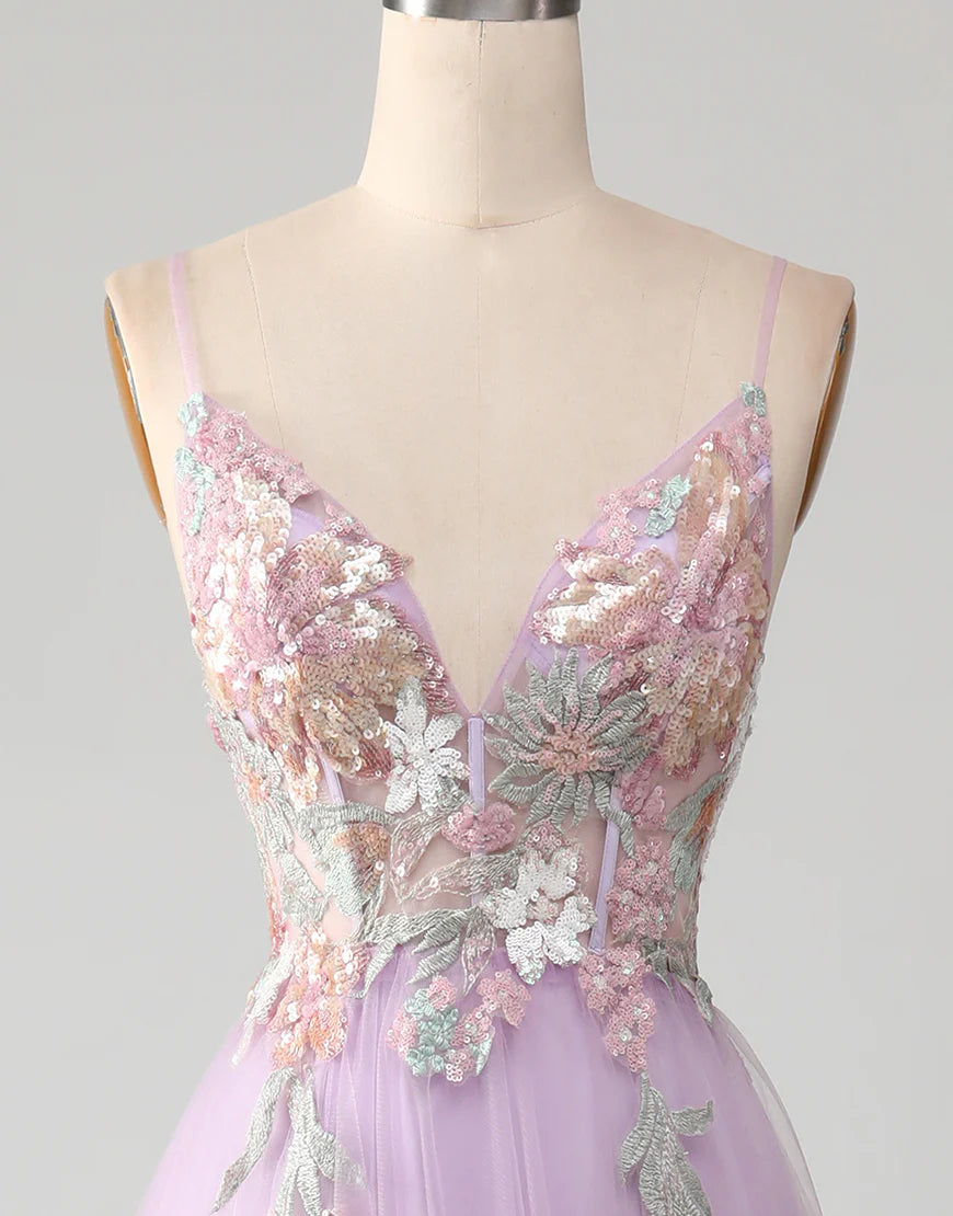 A-Line V-Neck Long Prom Dress With Sequins Applique