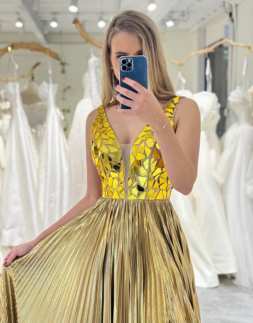 A-Line Glitter Golden Low V Neck Long Mirror Prom Dress