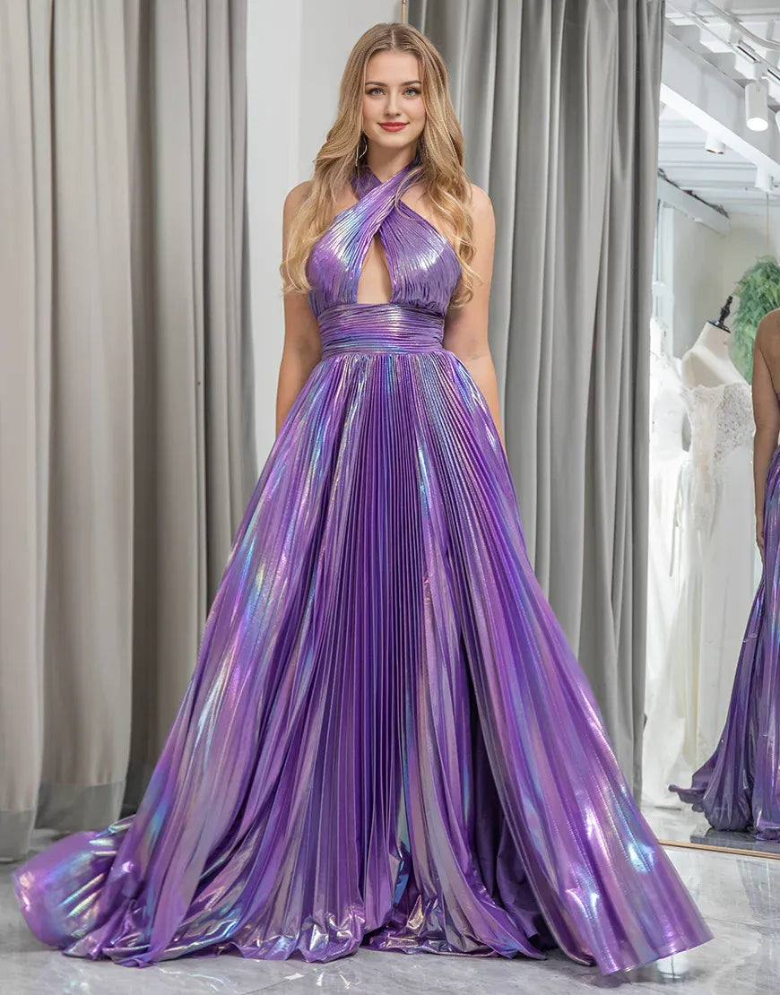 A Line Criss Cross Halter Long Prom Dress With Slit