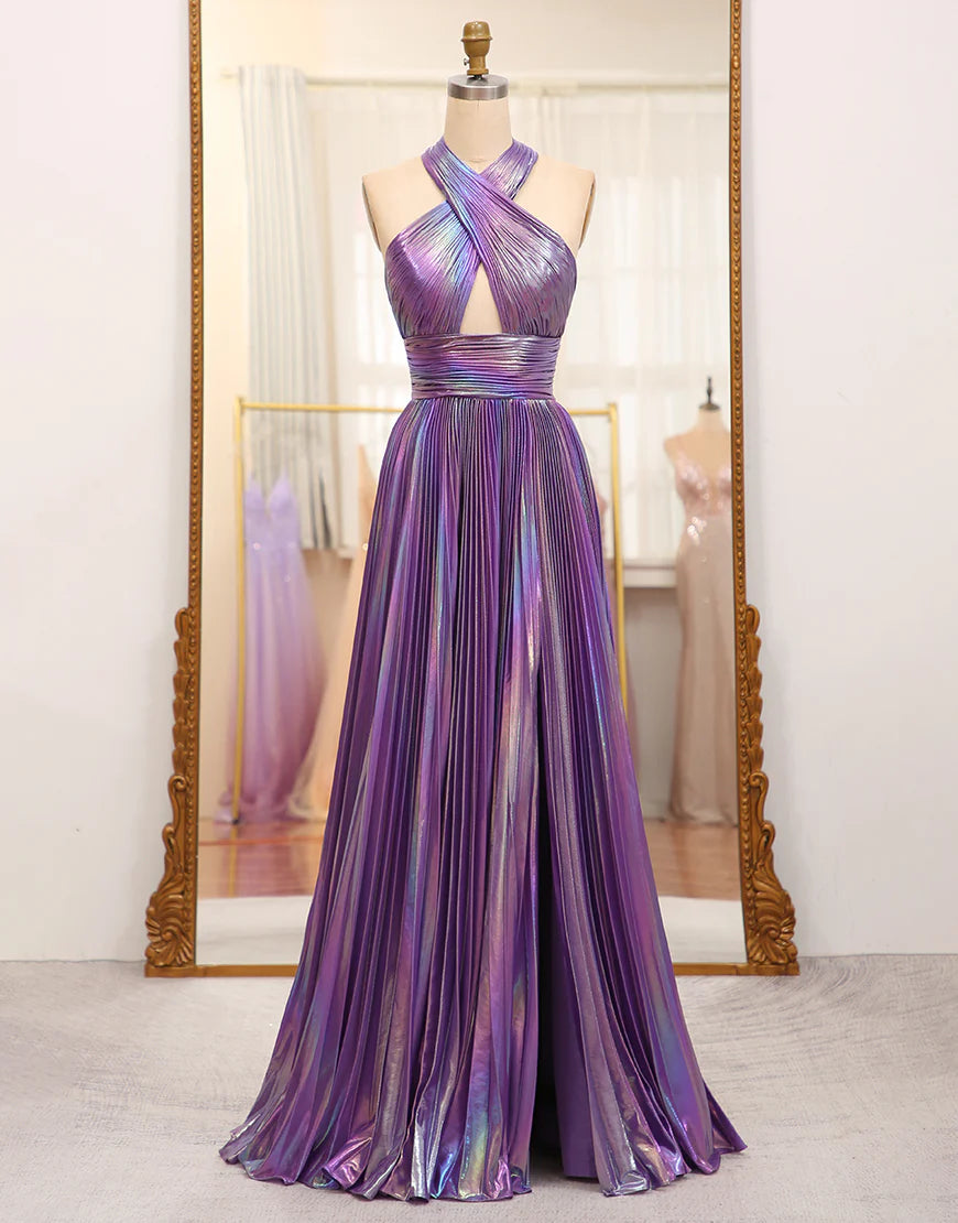 A Line Criss Cross Halter Long Prom Dress With Slit