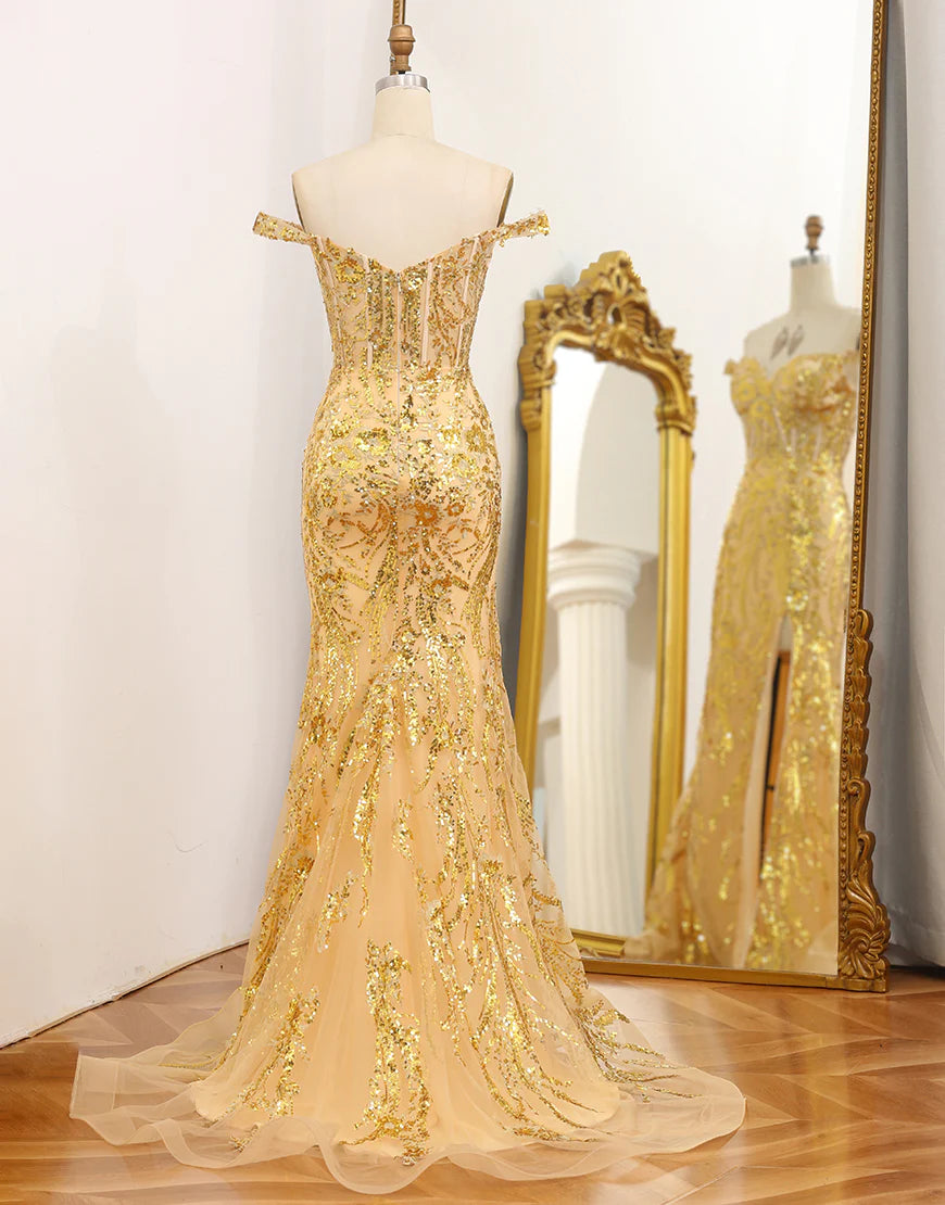 Mermaid Off The Shoulder Golden Corset Long Prom Dress with Slit