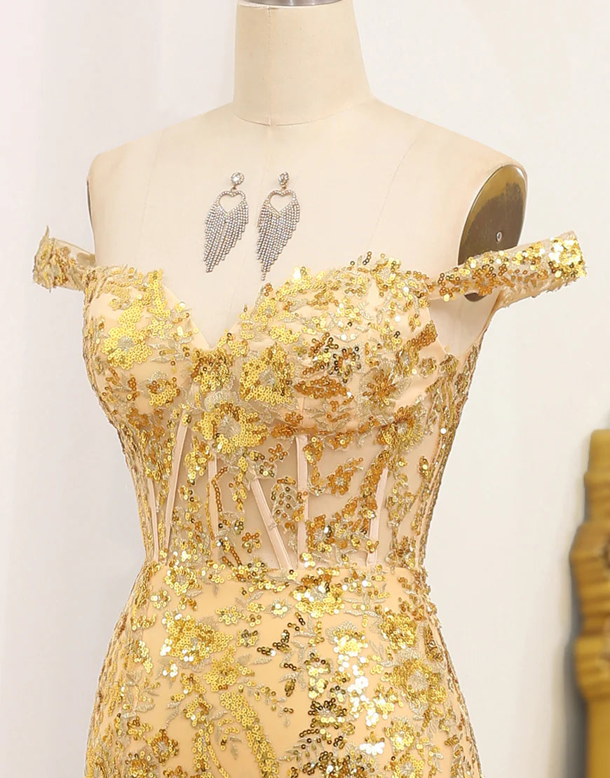 Mermaid Off The Shoulder Golden Corset Long Prom Dress with Slit