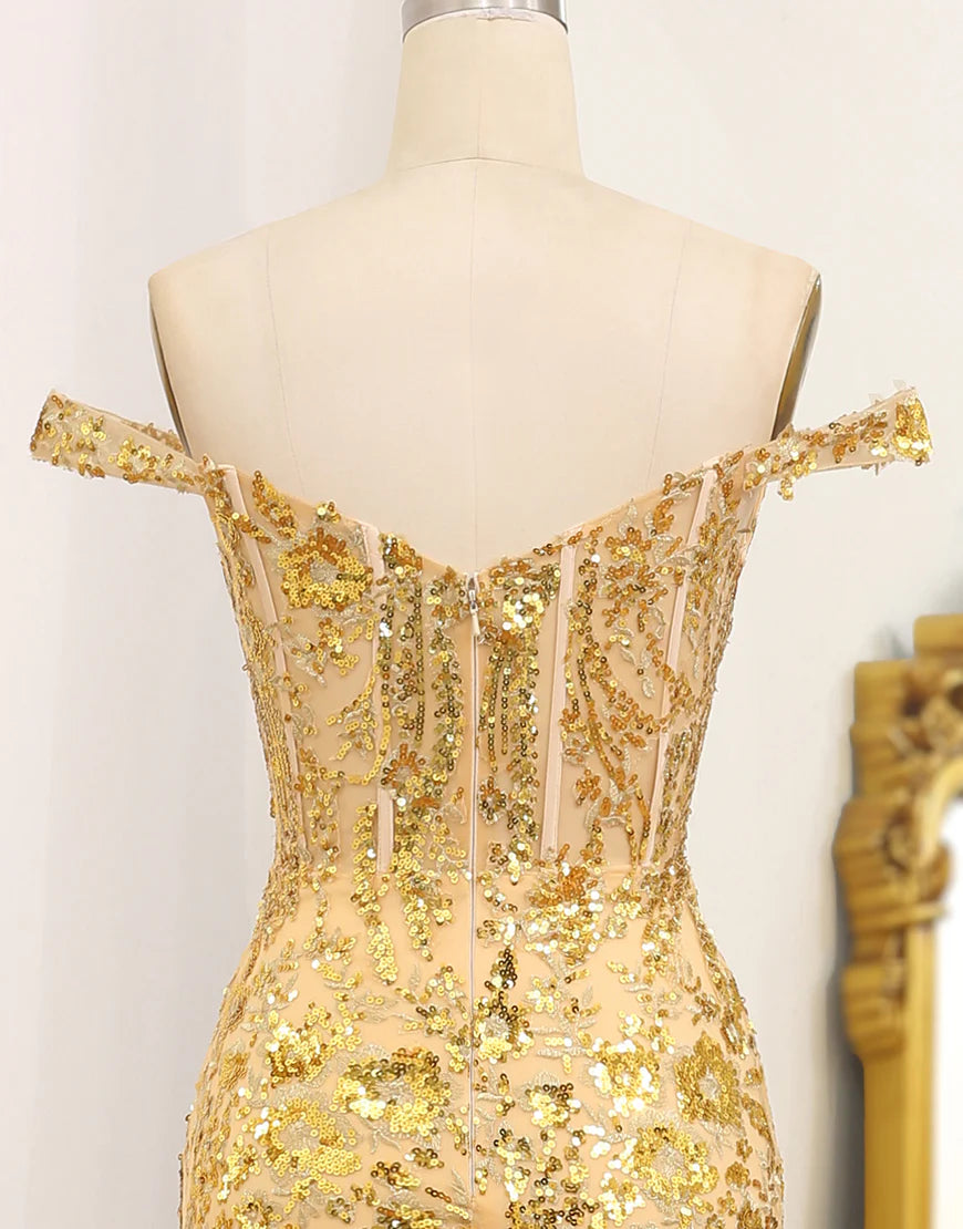 Mermaid Off The Shoulder Golden Corset Long Prom Dress with Slit
