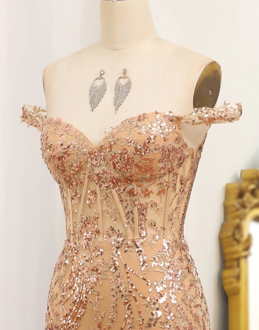 Mermaid Off The Shoulder Golden Corset Long Prom Dress with Slit