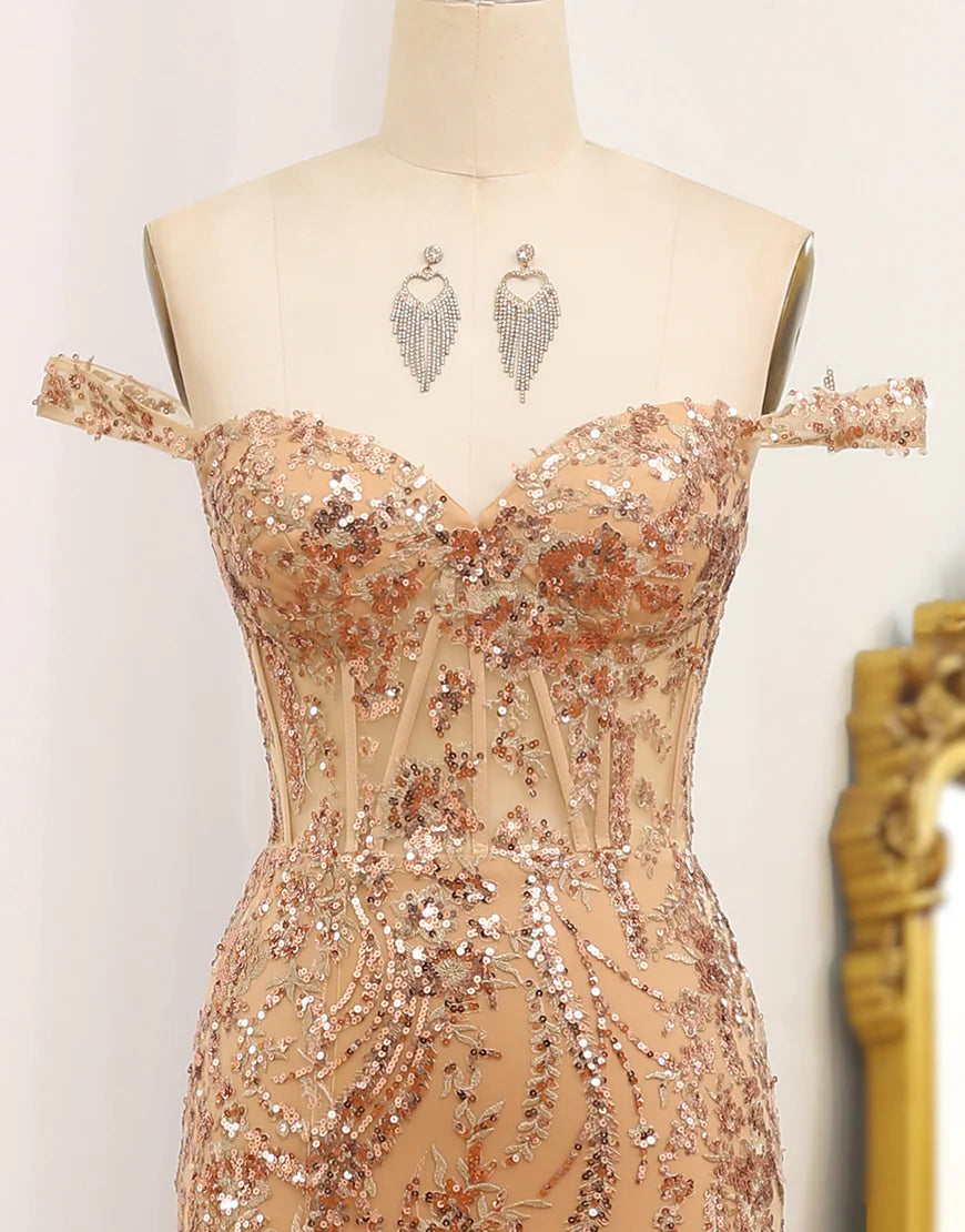 Mermaid Off The Shoulder Golden Corset Long Prom Dress with Slit