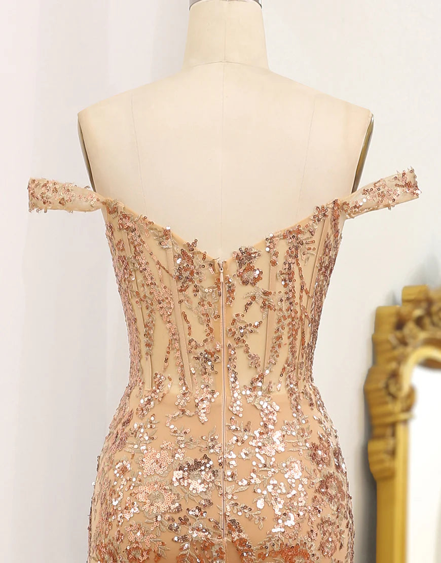 Mermaid Off The Shoulder Golden Corset Long Prom Dress with Slit
