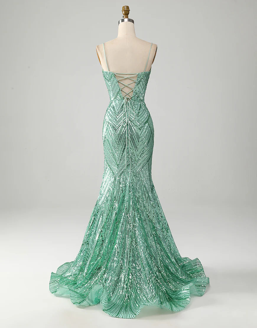 Mermaid Spaghetti Strap Glitter Green Long Sequins Prom Dress With Slit