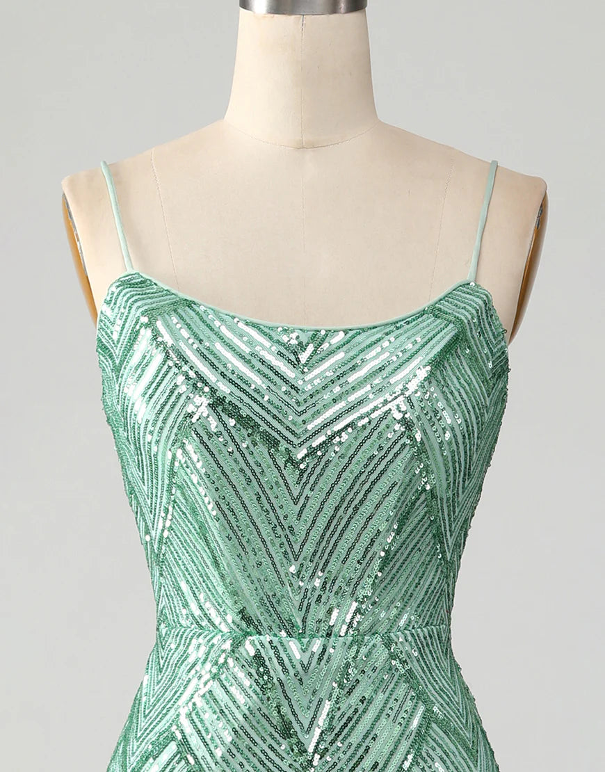Mermaid Spaghetti Strap Glitter Green Long Sequins Prom Dress With Slit