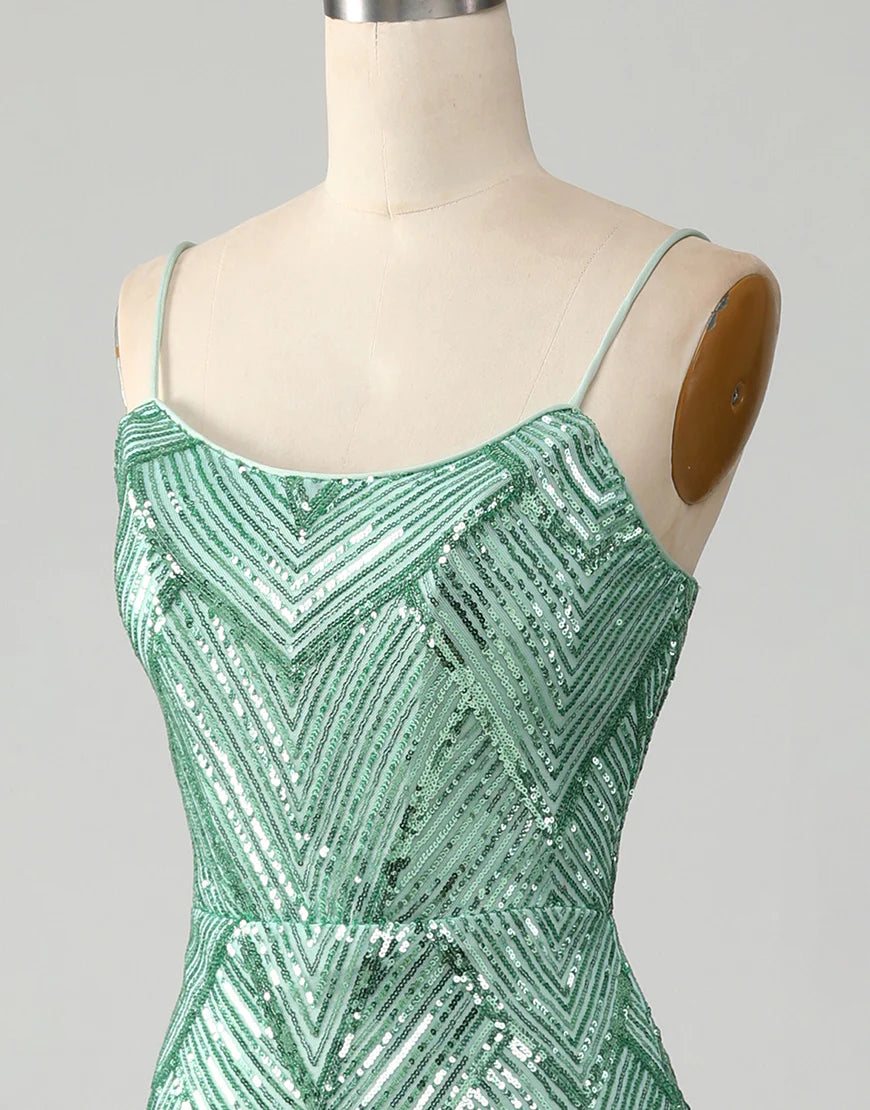 Mermaid Spaghetti Strap Glitter Green Long Sequins Prom Dress With Slit