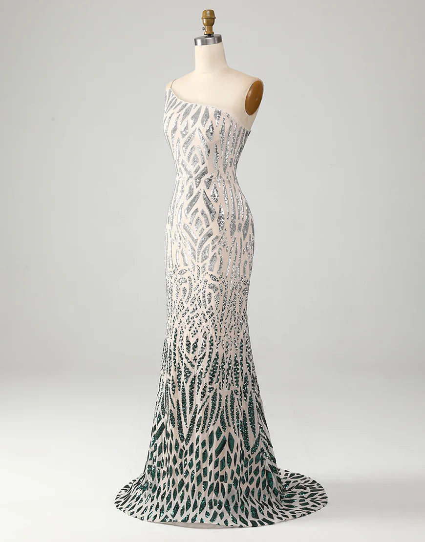 Mermaid One Shoulder Sparkly Dark Green Sequins Long Prom Dress