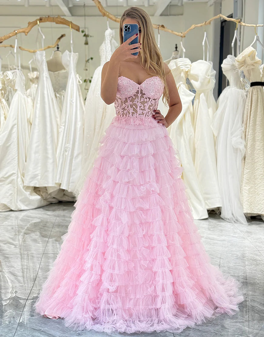 A-Line Off The Shoulder Ruffle Tiered Prom Dress With Appliques