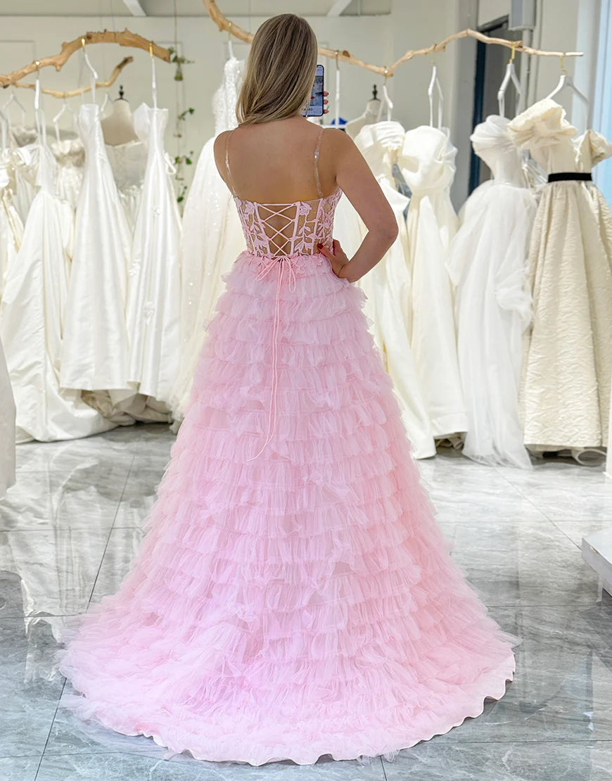 A-Line Off The Shoulder Ruffle Tiered Prom Dress With Appliques