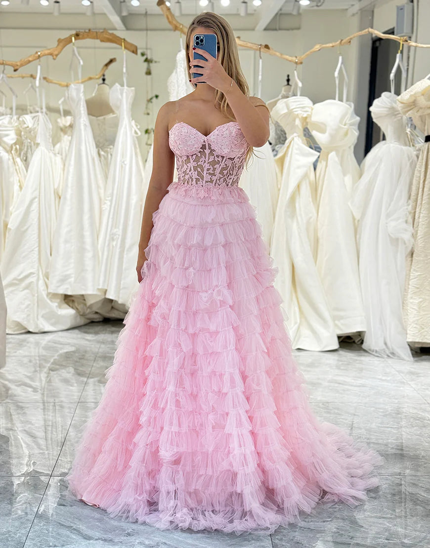 A-Line Off The Shoulder Ruffle Tiered Prom Dress With Appliques