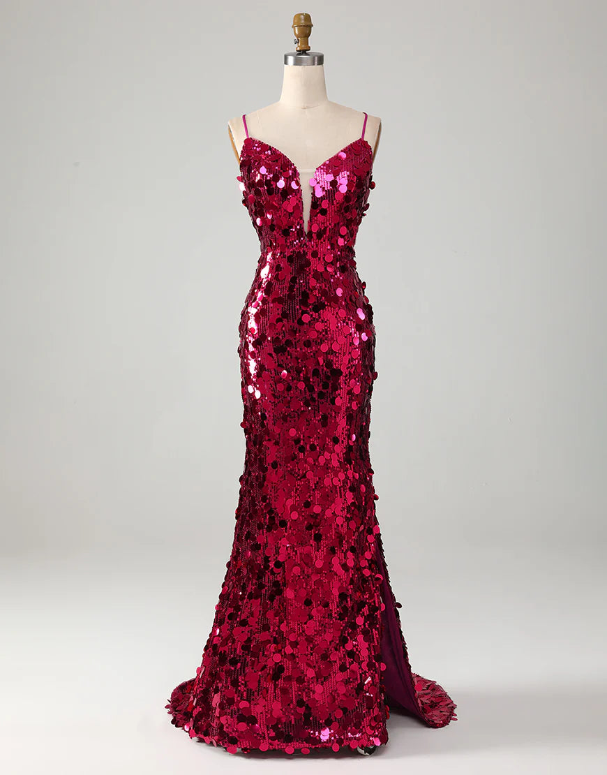 Mermaid Sparkly Fuchsia Long Prom Dress With Slit