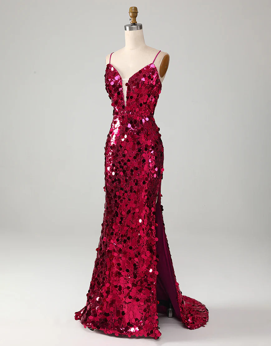 Mermaid Sparkly Fuchsia Long Prom Dress With Slit