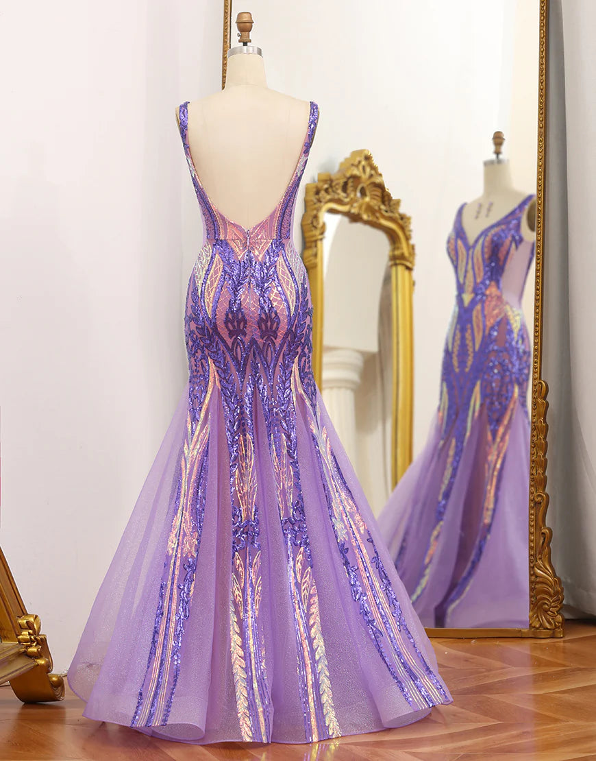 Mermaid Low V Neck Sequins Long Prom Dress