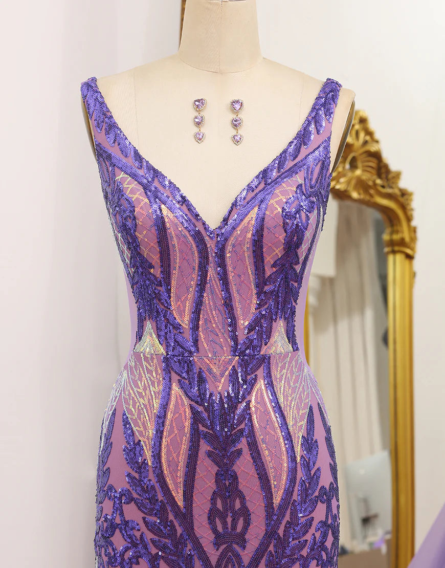 Mermaid Low V Neck Sequins Long Prom Dress