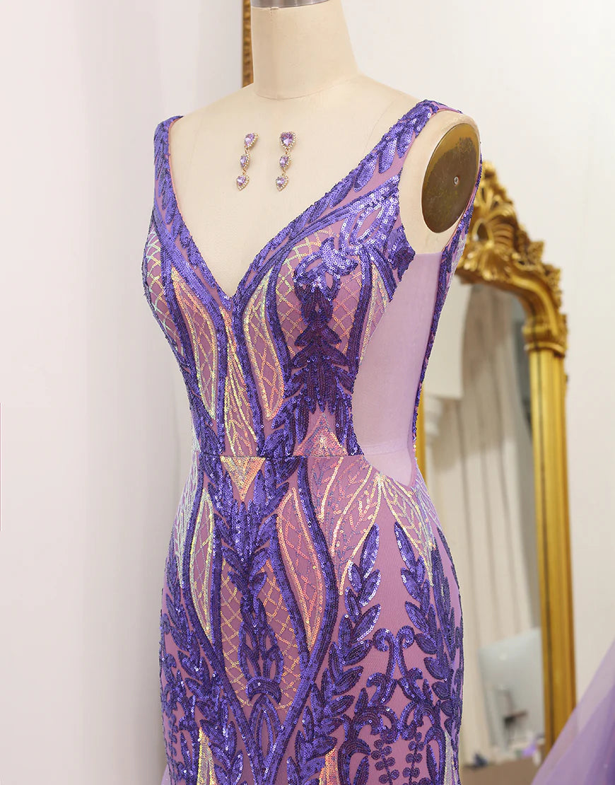 Mermaid Low V Neck Sequins Long Prom Dress