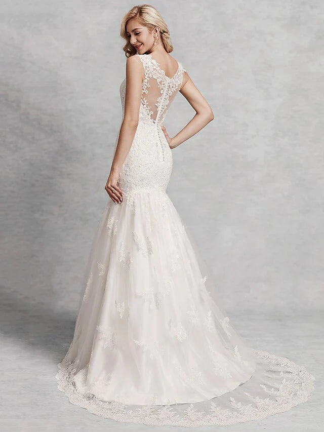 Wedding Dresses Scoop Neck Court Train Lace Satin Tulle Regular Straps Beautiful Back with Lace Appliques