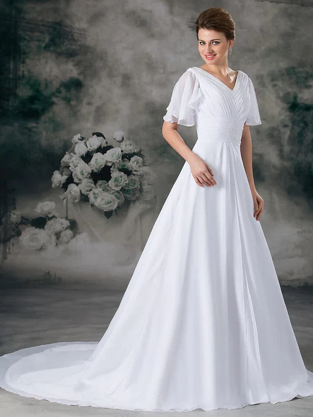 A-Line Wedding Dresses V Neck Chapel Train Chiffon Satin Short Sleeve with Ruched Beading