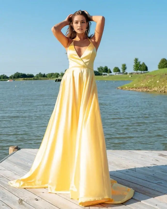 Elegant Yellow A Line V-neck Sleeveless Long Prom Dress Cross Back Simple Evening Party Dress Formal Dress