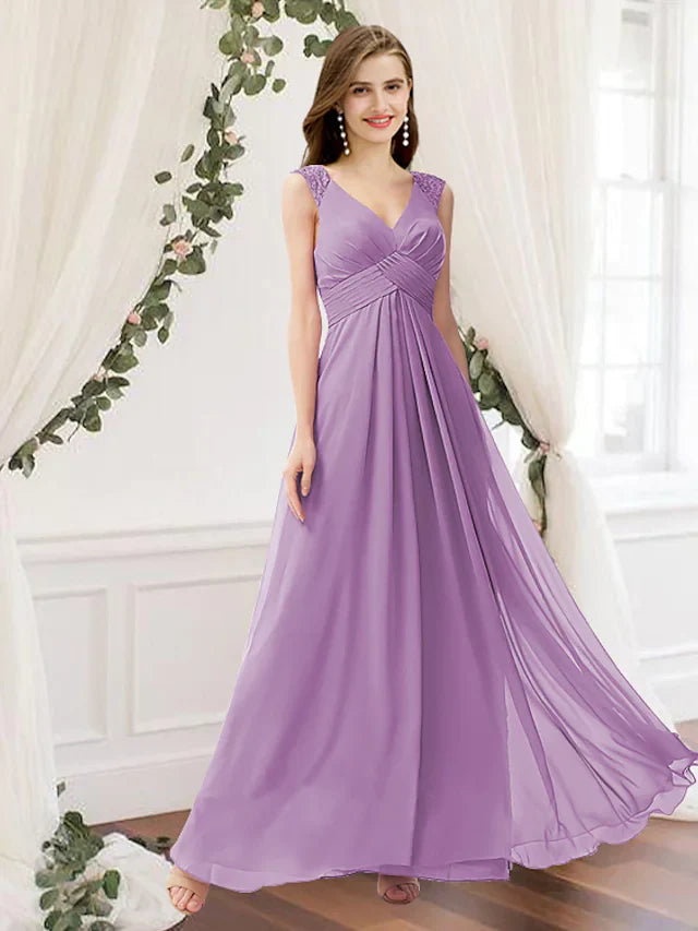 A-Line V Neck Floor Length Chiffon Bridesmaid Dress with Pleats Ruching